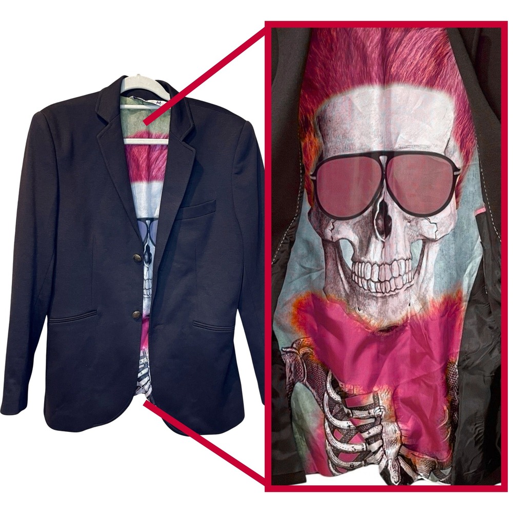 RNT 23 Black Blazer L Skull Graphic Lining Suede Elbow Patches Crest Buttons